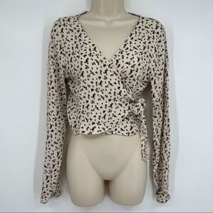 John Galt Floral Surplice Wrap Long Sleeves Side Tie V-Neckline Cropped Top